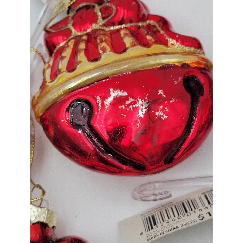 Set Of 11 Blown Glass‎ Ornaments Red And Gold Bell Shaped Christmas Ornaments